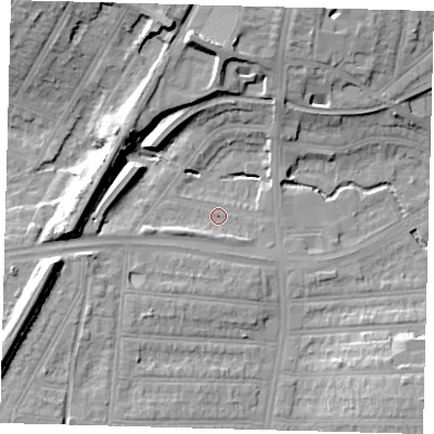 Shaded relief map of the ground around N134UN, computed from Environment Agency LiDAR. The ground here sits at about 27 m above sea level and falls 18 m across the surrounding 800 m. Surface water reaching this point runs off ground lying to the west, 12.3 m higher.