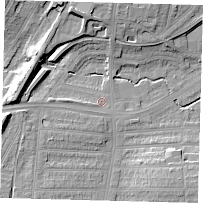 Shaded relief map of the ground around N134UP, computed from Environment Agency LiDAR. The ground here sits at about 26 m above sea level and falls 20 m across the surrounding 800 m. Surface water reaching this point runs off ground lying to the west, 10.4 m higher.