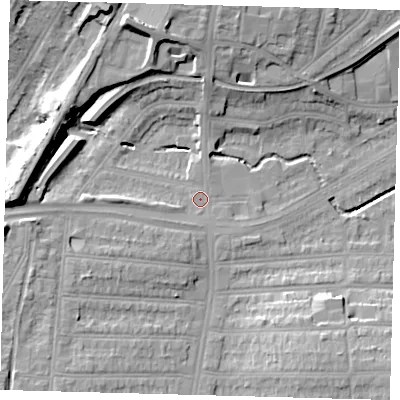 Shaded relief map of the ground around N134UR, computed from Environment Agency LiDAR. The ground here sits at about 26 m above sea level and falls 20 m across the surrounding 800 m. Surface water reaching this point runs off ground lying to the north-north-west, 17.5 m higher.