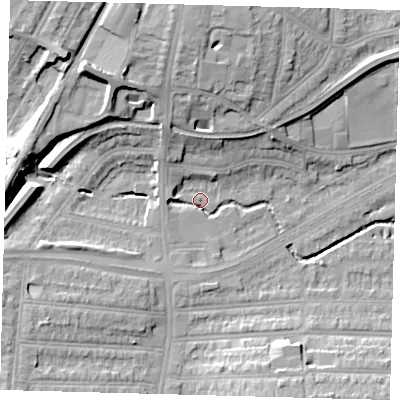 Shaded relief map of the ground around N135GN, computed from Environment Agency LiDAR. The ground here sits at about 25 m above sea level and falls 20 m across the surrounding 800 m. Surface water reaching this point runs off ground lying to the north-north-west, 7.0 m higher.