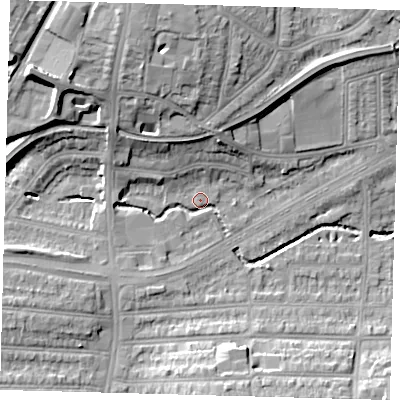 Shaded relief map of the ground around N135JA, computed from Environment Agency LiDAR. The ground here sits at about 25 m above sea level and falls 21 m across the surrounding 800 m. Surface water reaching this point runs off ground lying to the north-north-west, 15.1 m higher.