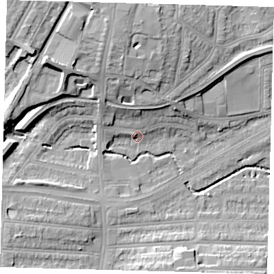 Shaded relief map of the ground around N135JB, computed from Environment Agency LiDAR. The ground here sits at about 26 m above sea level and falls 20 m across the surrounding 800 m. Surface water reaching this point runs off ground lying to the north, 13.3 m higher.