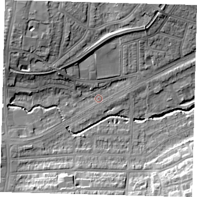 Shaded relief map of the ground around N135JH, computed from Environment Agency LiDAR. The ground here sits at about 24 m above sea level and falls 19 m across the surrounding 800 m. Surface water reaching this point runs off ground lying to the north-west, 8.0 m higher.