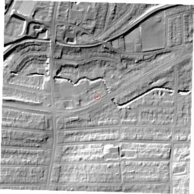 Shaded relief map of the ground around N135JJ, computed from Environment Agency LiDAR. The ground here sits at about 25 m above sea level and falls 21 m across the surrounding 800 m. Surface water reaching this point runs off ground lying to the west-south-west, 2.7 m higher.