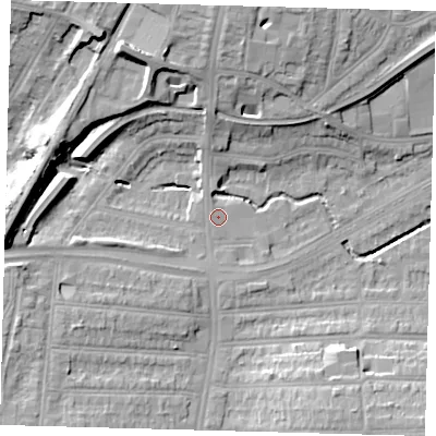 Shaded relief map of the ground around N135UP, computed from Environment Agency LiDAR. The ground here sits at about 26 m above sea level and falls 20 m across the surrounding 800 m. Surface water reaching this point runs off ground lying to the north-north-west, 17.5 m higher.