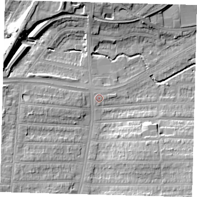 Shaded relief map of the ground around N136BG, computed from Environment Agency LiDAR. The ground here sits at about 27 m above sea level and falls 16 m across the surrounding 800 m. Surface water reaching this point runs off ground lying to the west, 0.7 m higher.
