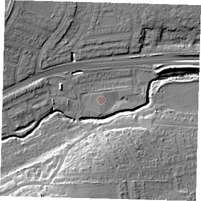Shaded relief map of the ground around N136BU, computed from Environment Agency LiDAR. The ground here sits at about 21 m above sea level and falls 18 m across the surrounding 800 m. Surface water reaching this point runs off ground lying to the south, 1.5 m higher.