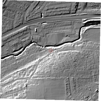 Shaded relief map of the ground around N136BX, computed from Environment Agency LiDAR. The ground here sits at about 22 m above sea level and falls 19 m across the surrounding 800 m. Surface water reaching this point runs off ground lying to the south, 10.2 m higher.