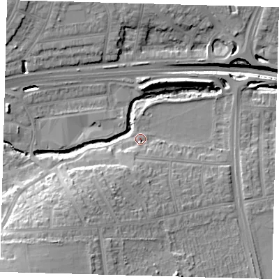 Shaded relief map of the ground around N136BY, computed from Environment Agency LiDAR. The ground here sits at about 21 m above sea level and falls 24 m across the surrounding 800 m. Surface water reaching this point runs off ground lying to the south, 5.5 m higher.