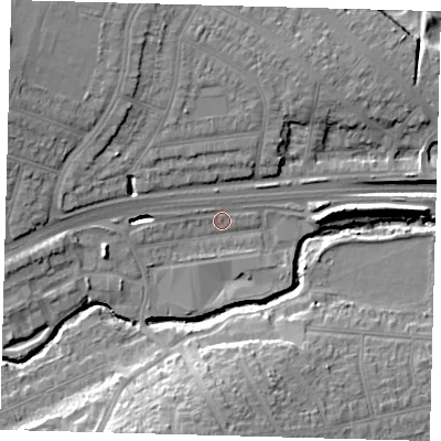 Shaded relief map of the ground around N136ED, computed from Environment Agency LiDAR. The ground here sits at about 21 m above sea level and falls 18 m across the surrounding 800 m. Surface water reaching this point runs off ground lying to the west-north-west, 9.9 m higher.