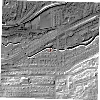 Shaded relief map of the ground around N136EF, computed from Environment Agency LiDAR. The ground here sits at about 23 m above sea level and falls 19 m across the surrounding 800 m. Surface water reaching this point runs off ground lying to the north-west, 17.1 m higher.