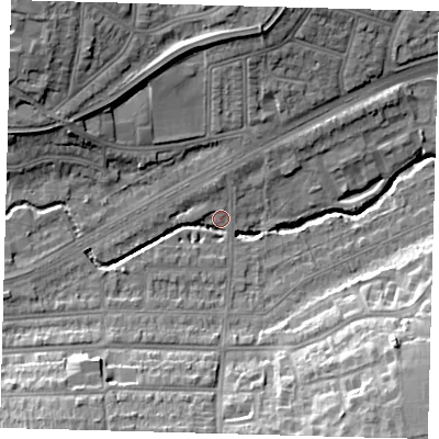 Shaded relief map of the ground around N136ES, computed from Environment Agency LiDAR. The ground here sits at about 23 m above sea level and falls 19 m across the surrounding 800 m. Surface water reaching this point runs off ground lying to the north-west, 17.0 m higher.