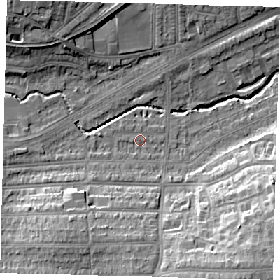 Shaded relief map of the ground around N136EU, computed from Environment Agency LiDAR. The ground here sits at about 23 m above sea level and falls 20 m across the surrounding 800 m. Surface water reaching this point runs off ground lying to the south-west, 3.4 m higher.