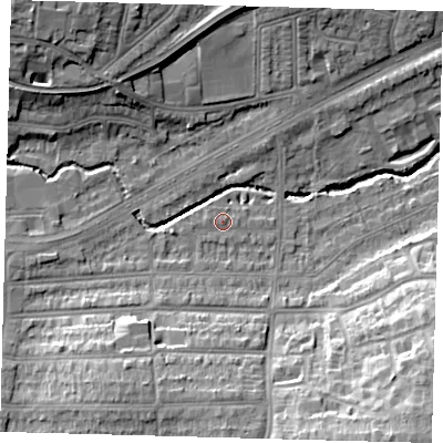 Shaded relief map of the ground around N136EX, computed from Environment Agency LiDAR. The ground here sits at about 24 m above sea level and falls 19 m across the surrounding 800 m. Surface water reaching this point runs off ground lying to the south-west, 3.4 m higher.