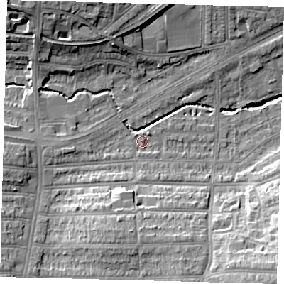 Shaded relief map of the ground around N136EZ, computed from Environment Agency LiDAR. The ground here sits at about 24 m above sea level and falls 19 m across the surrounding 800 m. Surface water reaching this point runs off ground lying to the south-south-west, 9.5 m higher.
