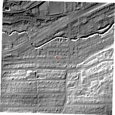 Shaded relief map of the ground around N136HE, computed from Environment Agency LiDAR. The ground here sits at about 24 m above sea level and falls 20 m across the surrounding 800 m. Surface water reaching this point runs off ground lying to the south-west, 2.5 m higher.