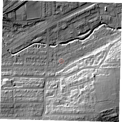 Shaded relief map of the ground around N136HG, computed from Environment Agency LiDAR. The ground here sits at about 23 m above sea level and falls 21 m across the surrounding 800 m. Surface water reaching this point runs off ground lying to the south-east, 15.7 m higher.
