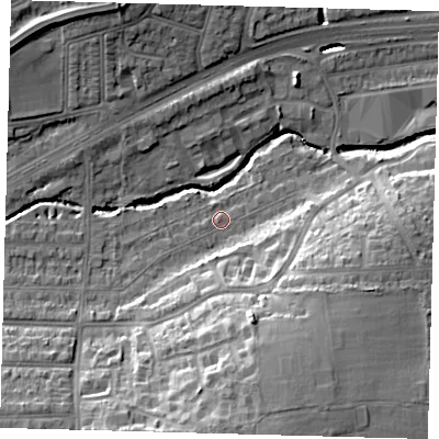Shaded relief map of the ground around N136HH, computed from Environment Agency LiDAR. The ground here sits at about 22 m above sea level and falls 20 m across the surrounding 800 m. Surface water reaching this point runs off ground lying to the south-south-east, 16.1 m higher.