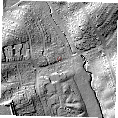 Shaded relief map of the ground around N145DP, computed from Environment Agency LiDAR. The ground here sits at about 41 m above sea level and falls 38 m across the surrounding 800 m. Surface water reaching this point runs off ground lying to the south-west, 32.4 m higher.