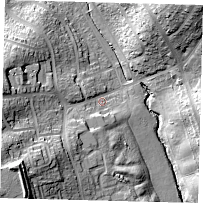 Shaded relief map of the ground around N145DU, computed from Environment Agency LiDAR. The ground here sits at about 42 m above sea level and falls 38 m across the surrounding 800 m. Surface water reaching this point runs off ground lying to the south-west, 30.9 m higher.