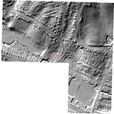 Shaded relief map of the ground around N147HT, computed from Environment Agency LiDAR. The ground here sits at about 29 m above sea level and falls 30 m across the surrounding 800 m. Surface water reaching this point runs off ground lying to the north-north-east, 26.5 m higher.
