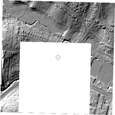 Shaded relief map of the ground around N147HU, computed from Environment Agency LiDAR. and falls 21 m across the surrounding 800 m.