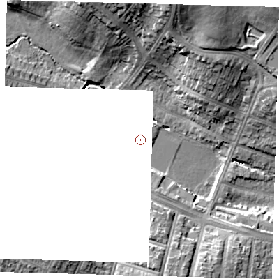 Shaded relief map of the ground around N147HY, computed from Environment Agency LiDAR. and falls 20 m across the surrounding 800 m. The ground contributing surface water to this point lies to the east.