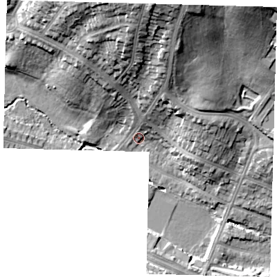 Shaded relief map of the ground around N147JA, computed from Environment Agency LiDAR. The ground here sits at about 29 m above sea level and falls 30 m across the surrounding 800 m. Surface water reaching this point runs off ground lying to the north-north-east, 13.3 m higher.