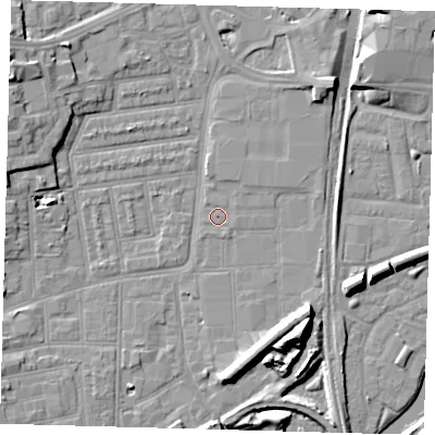 Shaded relief map of the ground around N154AG, computed from Environment Agency LiDAR. The ground here sits at about 8 m above sea level and falls 14 m across the surrounding 800 m. Surface water reaching this point runs off ground lying to the north-north-east, 1.0 m higher.