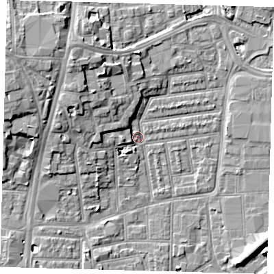 Shaded relief map of the ground around N154AL, computed from Environment Agency LiDAR. The ground here sits at about 9 m above sea level and falls 11 m across the surrounding 800 m. Surface water reaching this point runs off ground lying to the west, 5.4 m higher.