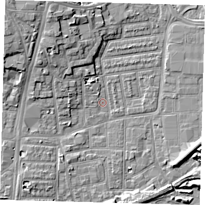 Shaded relief map of the ground around N154AQ, computed from Environment Agency LiDAR. The ground here sits at about 8 m above sea level and falls 11 m across the surrounding 800 m. Surface water reaching this point runs off ground lying to the north-west, 5.4 m higher.