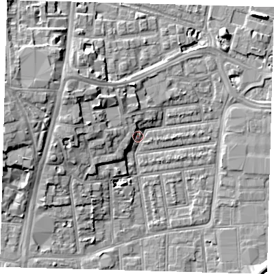 Shaded relief map of the ground around N154AR, computed from Environment Agency LiDAR. The ground here sits at about 9 m above sea level and falls 11 m across the surrounding 800 m. Surface water reaching this point runs off ground lying to the west-north-west, 8.1 m higher.
