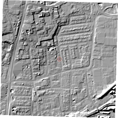 Shaded relief map of the ground around N154AS, computed from Environment Agency LiDAR. The ground here sits at about 8 m above sea level and falls 11 m across the surrounding 800 m. Surface water reaching this point runs off ground lying to the north-west, 5.4 m higher.