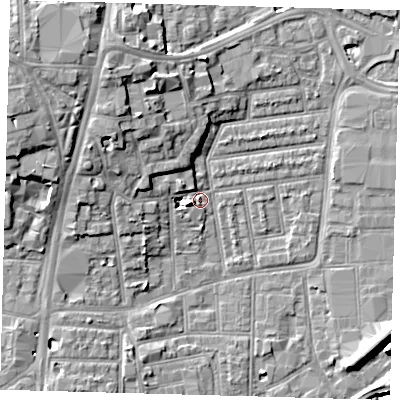 Shaded relief map of the ground around N154AT, computed from Environment Agency LiDAR. The ground here sits at about 9 m above sea level and falls 11 m across the surrounding 800 m. Surface water reaching this point runs off ground lying to the west-north-west, 5.4 m higher.