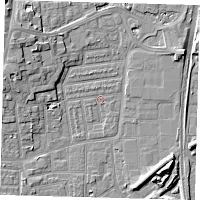 Shaded relief map of the ground around N154AU, computed from Environment Agency LiDAR. The ground here sits at about 8 m above sea level and falls 13 m across the surrounding 800 m. Surface water reaching this point runs off ground lying to the north-west, 1.4 m higher.