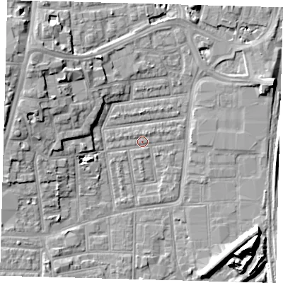 Shaded relief map of the ground around N154AX, computed from Environment Agency LiDAR. The ground here sits at about 8 m above sea level and falls 13 m across the surrounding 800 m. Surface water reaching this point runs off ground lying to the north-north-east, 0.9 m higher.
