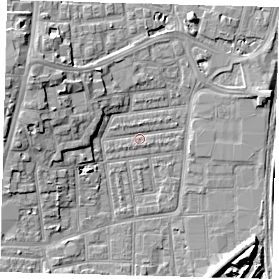 Shaded relief map of the ground around N154AY, computed from Environment Agency LiDAR. The ground here sits at about 8 m above sea level and falls 13 m across the surrounding 800 m. Surface water reaching this point runs off ground lying to the west-north-west, 8.4 m higher.
