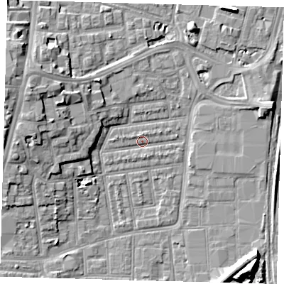 Shaded relief map of the ground around N154AZ, computed from Environment Agency LiDAR. The ground here sits at about 8 m above sea level and falls 13 m across the surrounding 800 m. Surface water reaching this point runs off ground lying to the west-north-west, 8.4 m higher.