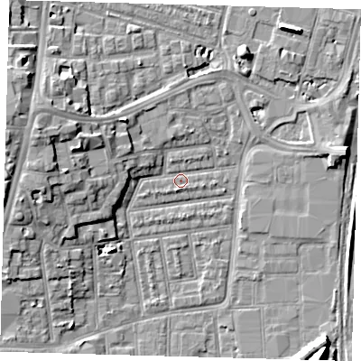 Shaded relief map of the ground around N154BA, computed from Environment Agency LiDAR. The ground here sits at about 8 m above sea level and falls 13 m across the surrounding 800 m. Surface water reaching this point runs off ground lying to the west-north-west, 4.3 m higher.