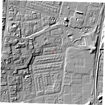 Shaded relief map of the ground around N154BB, computed from Environment Agency LiDAR. The ground here sits at about 8 m above sea level and falls 11 m across the surrounding 800 m. Surface water reaching this point runs off ground lying to the west, 4.5 m higher.