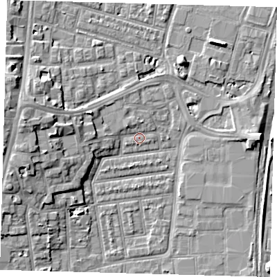 Shaded relief map of the ground around N154BD, computed from Environment Agency LiDAR. The ground here sits at about 9 m above sea level and falls 11 m across the surrounding 800 m. Surface water reaching this point runs off ground lying to the west, 5.8 m higher.