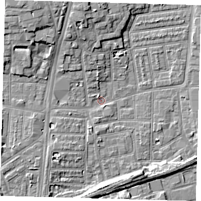 Shaded relief map of the ground around N154DJ, computed from Environment Agency LiDAR. The ground here sits at about 9 m above sea level and falls 10 m across the surrounding 800 m. Surface water reaching this point runs off ground lying to the north-west, 8.8 m higher.