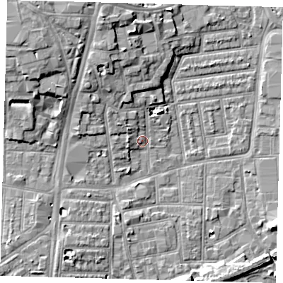 Shaded relief map of the ground around N154DL, computed from Environment Agency LiDAR. The ground here sits at about 9 m above sea level and falls 11 m across the surrounding 800 m. Surface water reaching this point runs off ground lying to the north-north-west, 6.9 m higher.