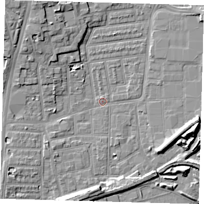 Shaded relief map of the ground around N154DP, computed from Environment Agency LiDAR. The ground here sits at about 8 m above sea level and falls 13 m across the surrounding 800 m. Surface water reaching this point runs off ground lying to the north-west, 9.3 m higher.