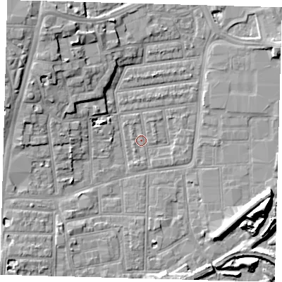 Shaded relief map of the ground around N154DS, computed from Environment Agency LiDAR. The ground here sits at about 8 m above sea level and falls 13 m across the surrounding 800 m. Surface water reaching this point runs off ground lying to the north-north-east, 1.4 m higher.