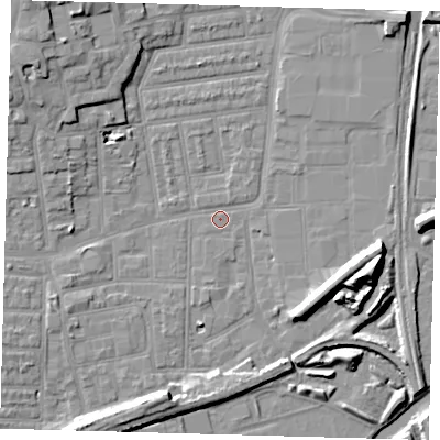 Shaded relief map of the ground around N154DT, computed from Environment Agency LiDAR. The ground here sits at about 8 m above sea level and falls 14 m across the surrounding 800 m. Surface water reaching this point runs off ground lying to the north-west, 8.2 m higher.