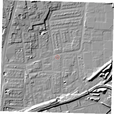Shaded relief map of the ground around N154DU, computed from Environment Agency LiDAR. The ground here sits at about 8 m above sea level and falls 14 m across the surrounding 800 m. Surface water reaching this point runs off ground lying to the north-west, 7.9 m higher.