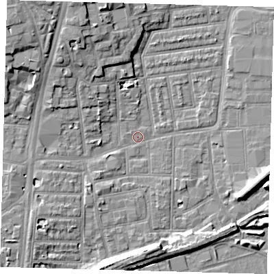 Shaded relief map of the ground around N154DW, computed from Environment Agency LiDAR. The ground here sits at about 8 m above sea level and falls 11 m across the surrounding 800 m. Surface water reaching this point runs off ground lying to the north-west, 9.4 m higher.