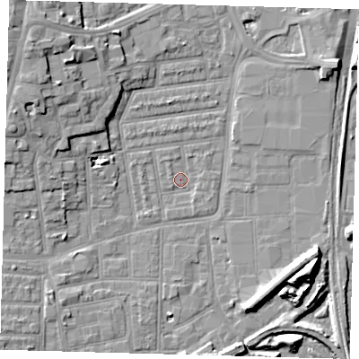 Shaded relief map of the ground around N154DX, computed from Environment Agency LiDAR. The ground here sits at about 8 m above sea level and falls 13 m across the surrounding 800 m. Surface water reaching this point runs off ground lying to the north-north-west, 1.5 m higher.