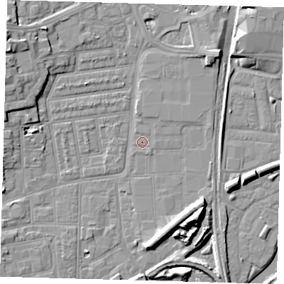 Shaded relief map of the ground around N154EQ, computed from Environment Agency LiDAR. The ground here sits at about 8 m above sea level and falls 14 m across the surrounding 800 m. Surface water reaching this point runs off ground lying to the north-north-east, 1.0 m higher.